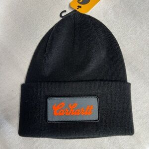 Carhartt Black Knit Hat with Orange Logo